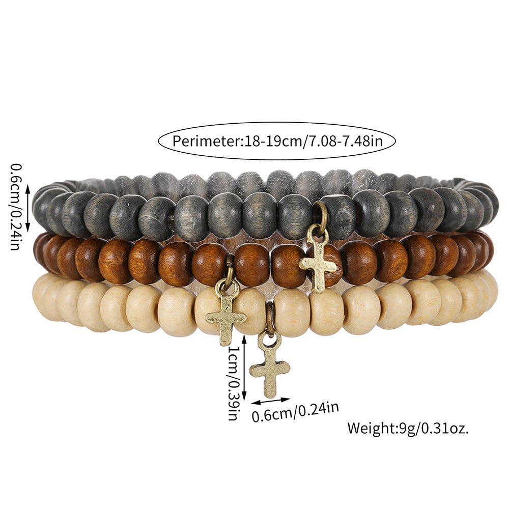 European and American new retro wind wood bead stacking bracelet men's beaded cross pendant bracelet set wholesale bracelet