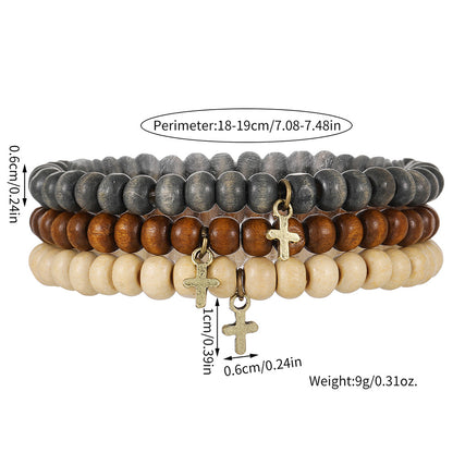 European and American new retro wind wood bead stacking bracelet men's beaded cross pendant bracelet set wholesale bracelet