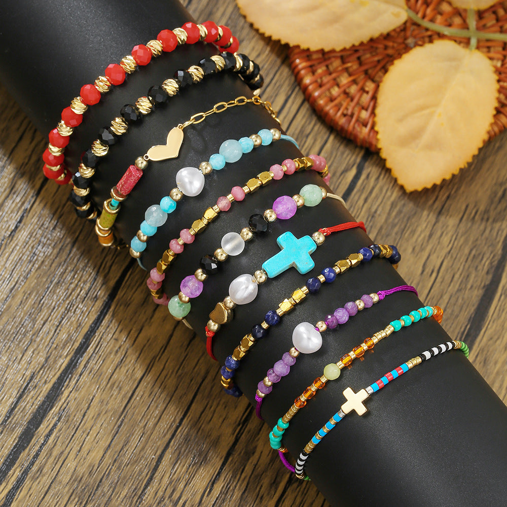 Simple Crystal Pearl Girlfriend Bracelet Bohemian Rainbow Rice Beads Beaded Cross Love Friendship Bracelet