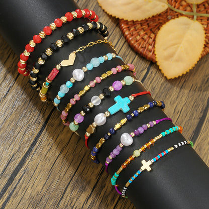 Simple Crystal Pearl Girlfriend Bracelet Bohemian Rainbow Rice Beads Beaded Cross Love Friendship Bracelet