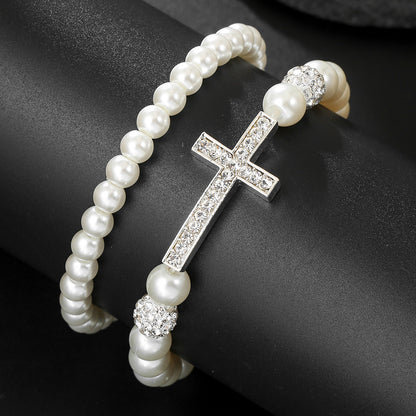 Cross-border hot-selling imitation pearl diamond cross diamond ball bracelet combination cold wind advanced sense personalized wedding bracelet