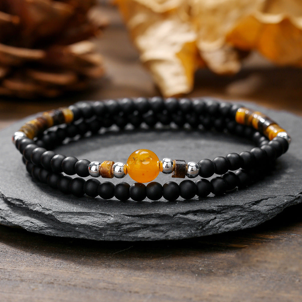New foreign trade products European and American fashion black agate tiger eye amber stone beaded bracelet simple and versatile men's bracelet combination