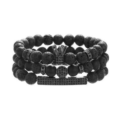 Cross-border new micro-inlaid zircon crown bracelet set, white pine, tiger's eye, volcanic stone elastic woven bracelet combination