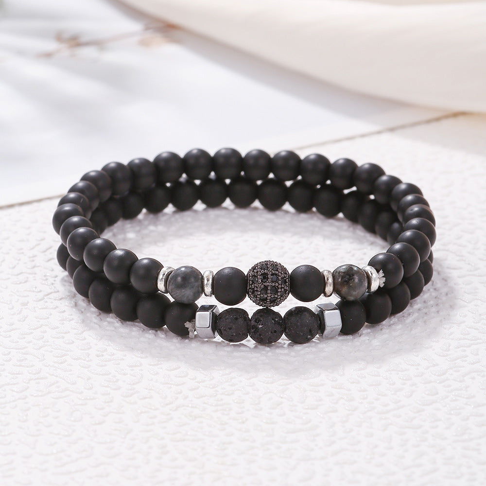 Copper micro-inlaid zircon diamond ball set bracelet men's 6mm black matte volcanic stone elastic men's bead bracelet combination