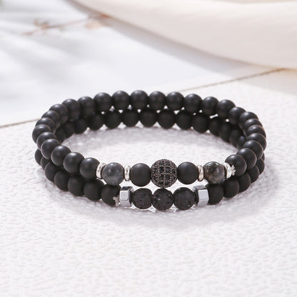 Copper micro-inlaid zircon diamond ball set bracelet men's 6mm black matte volcanic stone elastic men's bead bracelet combination