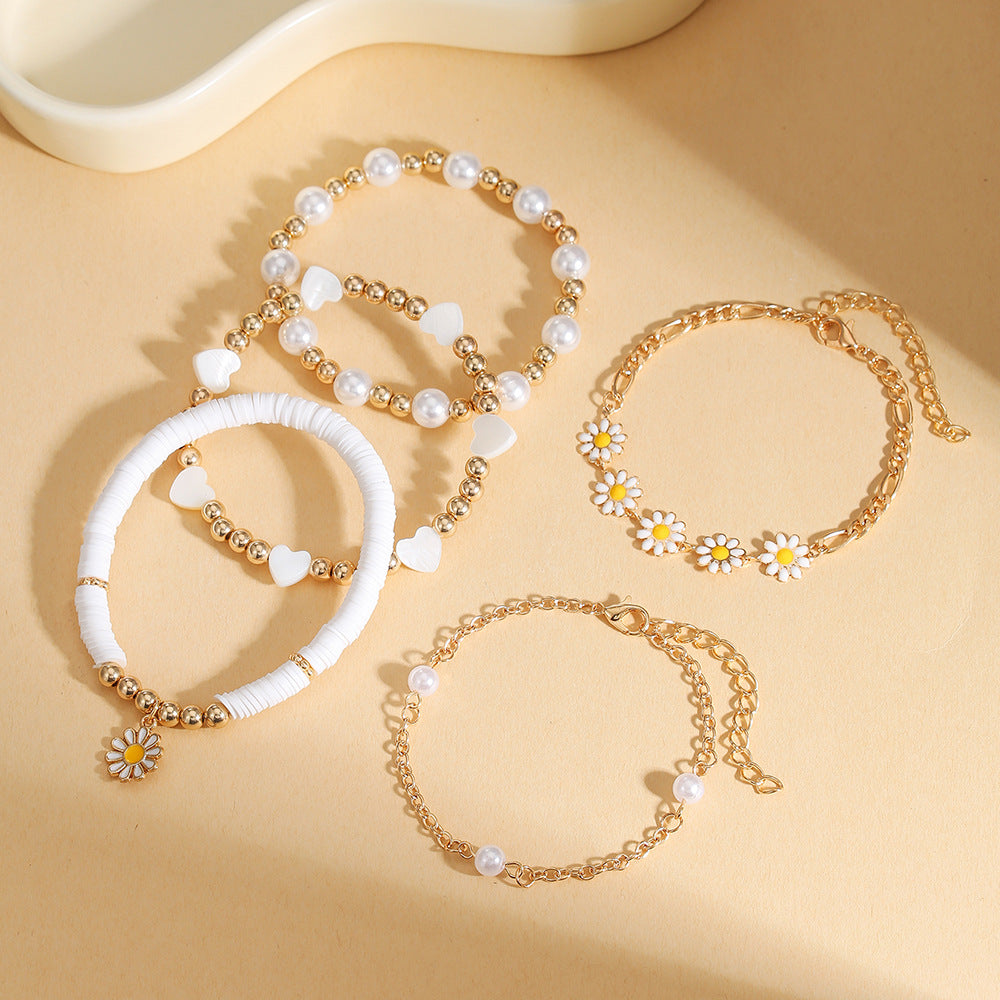 Summer new sweet and refreshing daisy bracelet women's simple flower pearl bracelet set cross-border jewelry wholesale