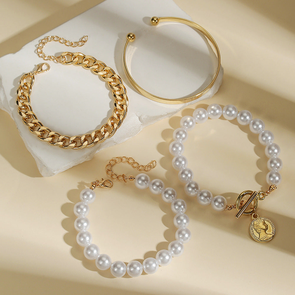 European and American cross-border hand jewelry sweet and cool multi-portrait imitation pearl bracelet set personalized NK Cuban chain jewelry women