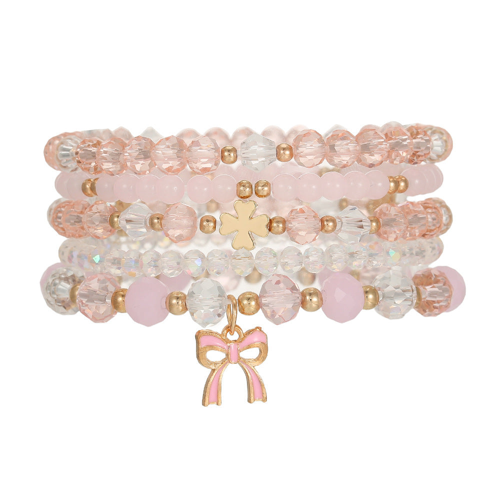 Cross-border new fresh and sweet pink crystal bracelet beaded elastic women's bracelet set butterfly festival pendant handmade