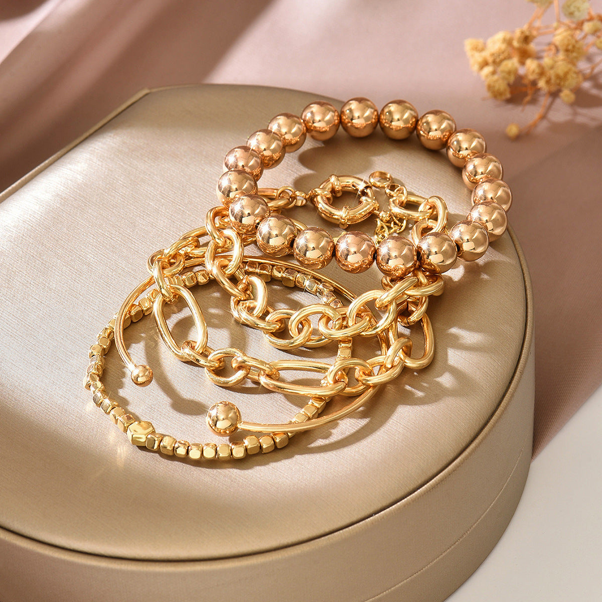 European and American cross-border bracelet retro chain bracelet simple geometric opening round bead gold glossy bracelet bracelet set