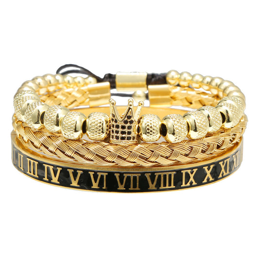 European and American retro versatile crown woven bracelet bracelet set, dripping oil Roman letter woven stainless steel bracelet