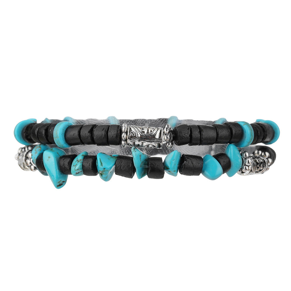 Vintage Men's Wood Bead Turquoise Bracelet Combination Multilayer Stacked Elastic Beaded Bracelet Hip Hop Vacation Bracelet Men