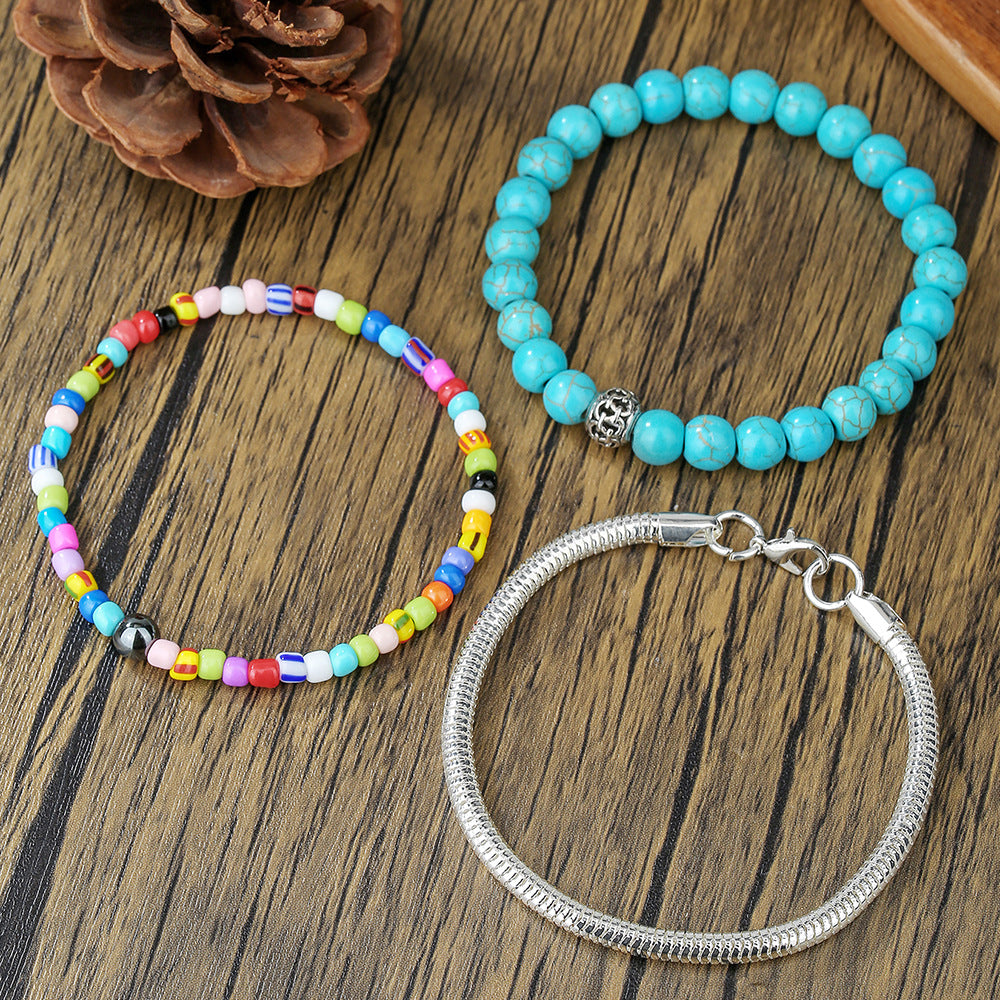 Cross-border directly from the manufacturer Bohemian multi-layer rice bead turquoise beaded bracelet men stacked chain bracelet women