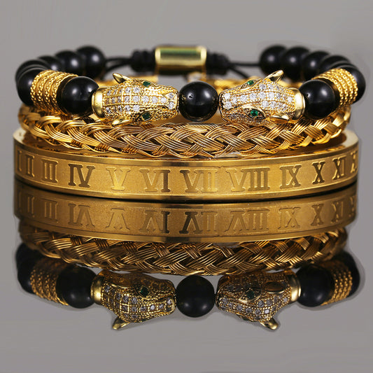 Copper micro-inlaid zircon double leopard head black agate woven bracelet men's stainless steel Roman bracelet stacked bracelet combination