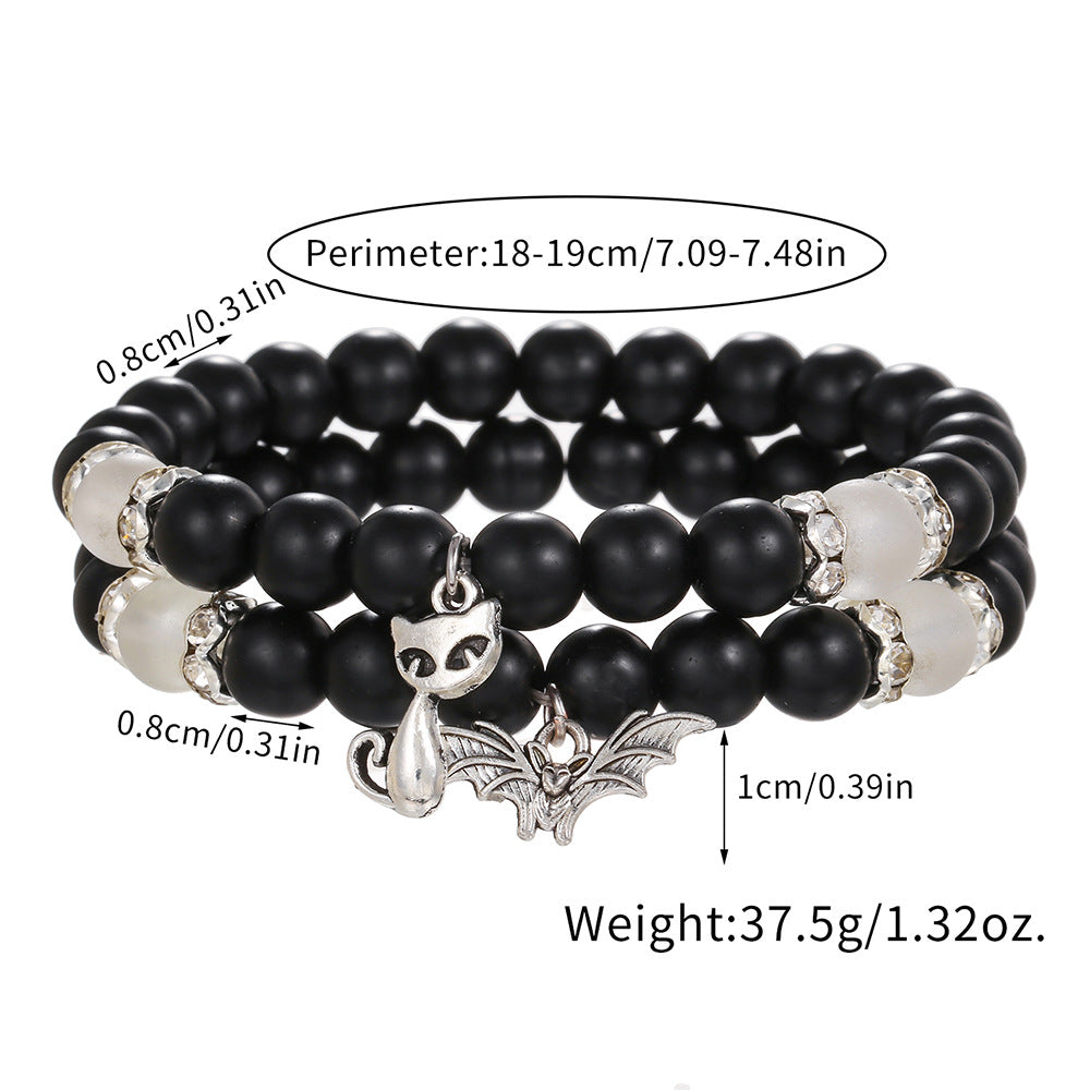 Niche design black matte couple bracelet, elastic bead cat bat pendant, stackable bracelet to give to girlfriend