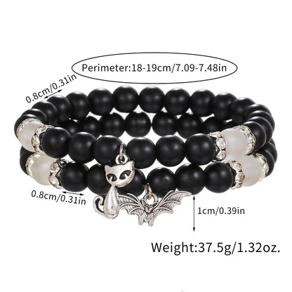 Niche design black matte couple bracelet, elastic bead cat bat pendant, stackable bracelet to give to girlfriend