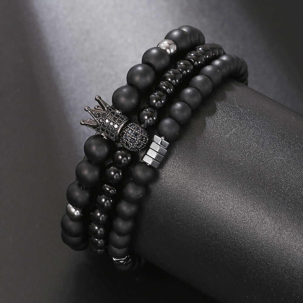 Cross-border hot-selling black matte black gallstone bracelet elastic micro-inlaid zircon crown diamond ball bracelet set couple bracelet