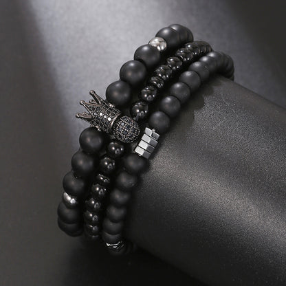 Cross-border hot-selling black matte black gallstone bracelet elastic micro-inlaid zircon crown diamond ball bracelet set couple bracelet