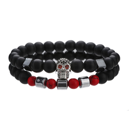Micro-inlaid zircon skull bracelet set of 2, a set of black matte red pine beaded bracelet combination jewelry wholesale