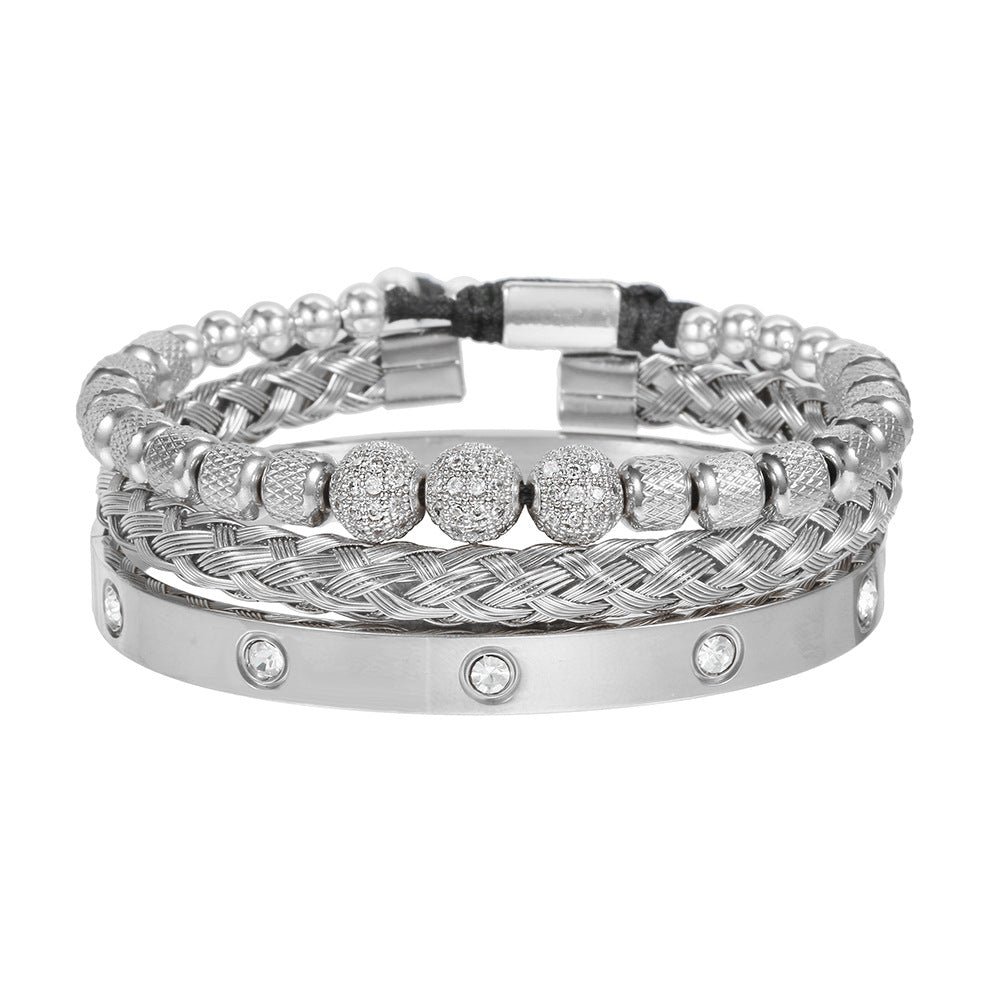 Amazon Hot Sale Men's Bracelet Woven Pineapple Bead Zircon Diamond Ball Three-piece Stainless Steel Roman Numeral Bracelet