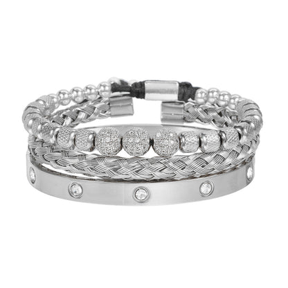 Amazon Hot Sale Men's Bracelet Woven Pineapple Bead Zircon Diamond Ball Three-piece Stainless Steel Roman Numeral Bracelet