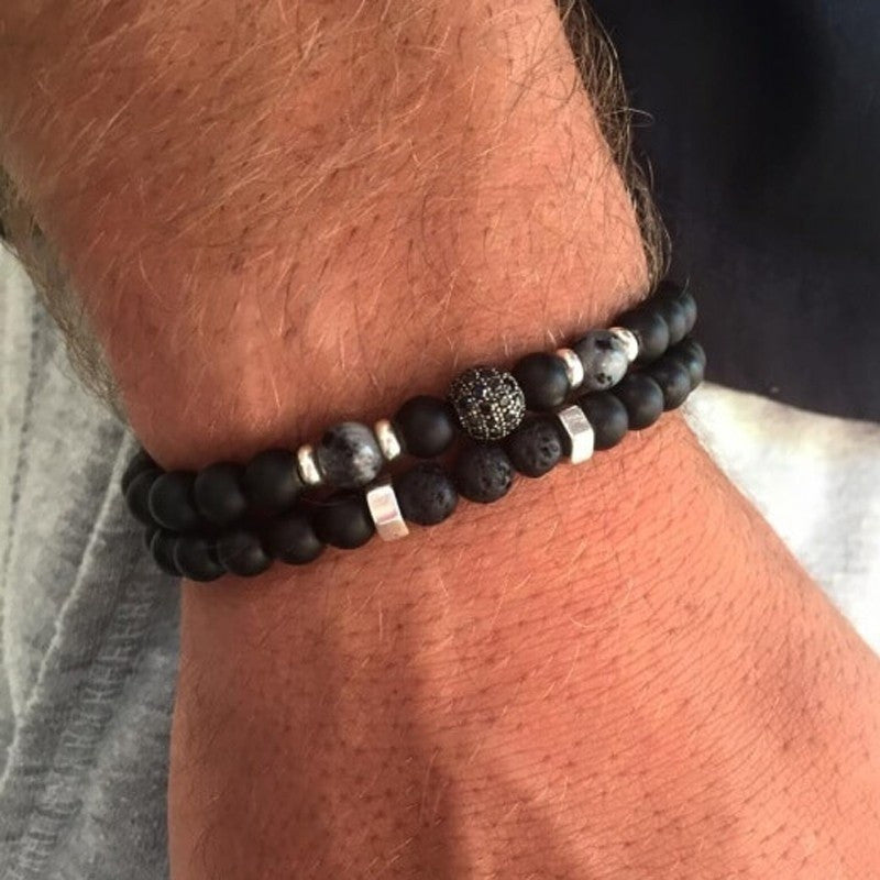 Copper micro-inlaid zircon diamond ball set bracelet men's 6mm black matte volcanic stone elastic men's bead bracelet combination
