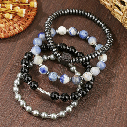 Cross-border retro men's bracelets, European and American fashion trends, stacked beaded bracelets, black agate, black gallstone pearl bracelets.