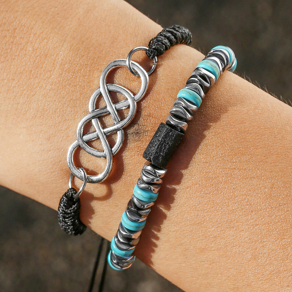 Fashion Vacation Style Double Layer Stacked Elastic Braided Bracelet Combination Men's Summer Vacation Turquoise Adjustable Bracelet