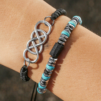 Fashion Vacation Style Double Layer Stacked Elastic Braided Bracelet Combination Men's Summer Vacation Turquoise Adjustable Bracelet