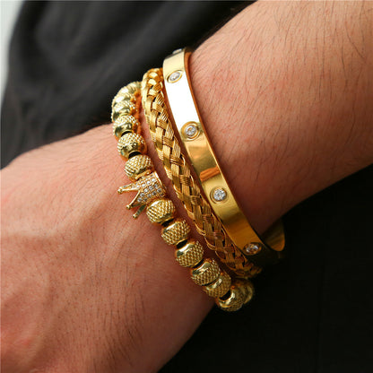 Diamond-encrusted stainless steel bracelet woven pineapple bead crown bracelet bracelet set C-shaped titanium steel open bracelet men