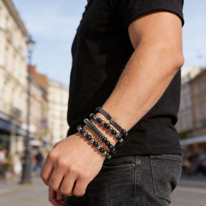 Cross-border new men's beaded bracelet set, black gallstone elastic bracelet, European and American style black combination bracelet wholesale.