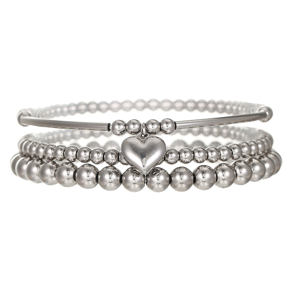 European and American cross-border hand jewelry stainless steel love pendant metal wind bracelet combination sweet cool beaded stacked bracelet women