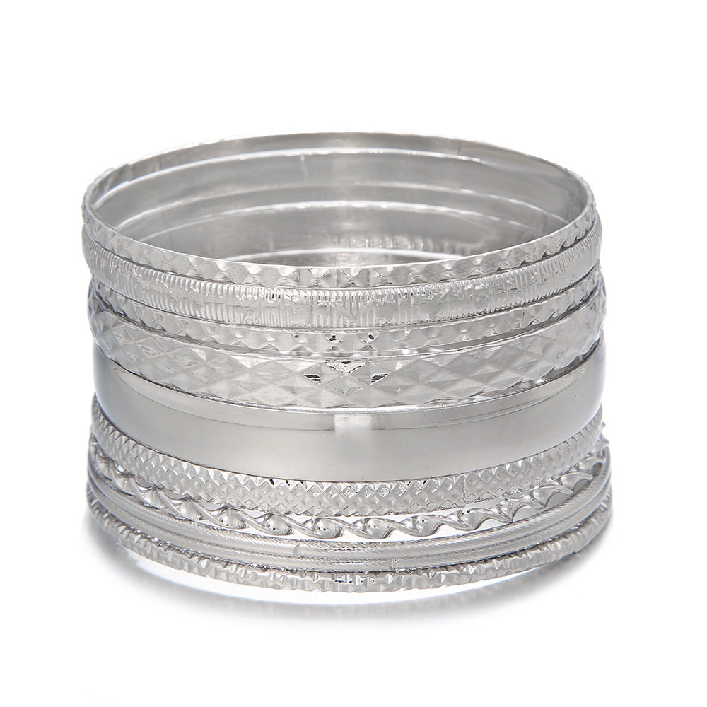 Cross-border new metal bracelet set, female exaggerated bohemian feng shui ripple smooth surface stacked bracelet 10-piece set