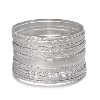 Cross-border new metal bracelet set, female exaggerated bohemian feng shui ripple smooth surface stacked bracelet 10-piece set