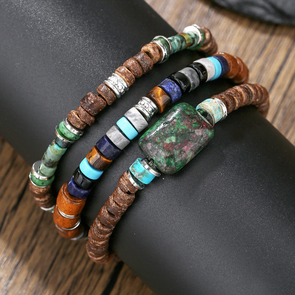 Natural rough stone beaded bracelet, European and American retro vacation style men's bracelet set, elastic coconut shell wood chip bracelet for women