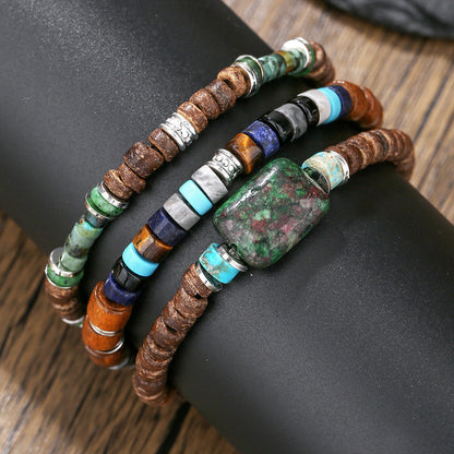 Natural rough stone beaded bracelet, European and American retro vacation style men's bracelet set, elastic coconut shell wood chip bracelet for women
