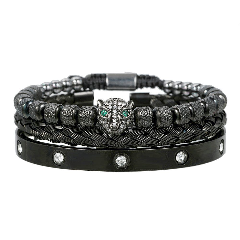 European and American retro zircon leopard head woven bracelet Roman letter woven stainless steel mesh bracelet set men