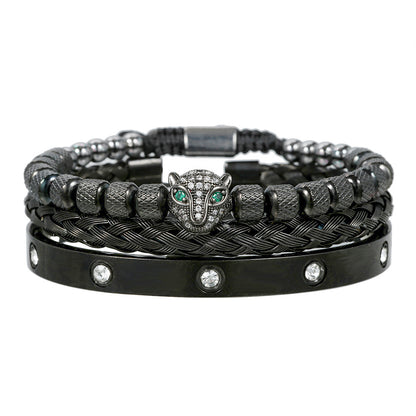 European and American retro versatile zircon leopard head woven bracelet Roman letter woven stainless steel mesh bracelet set