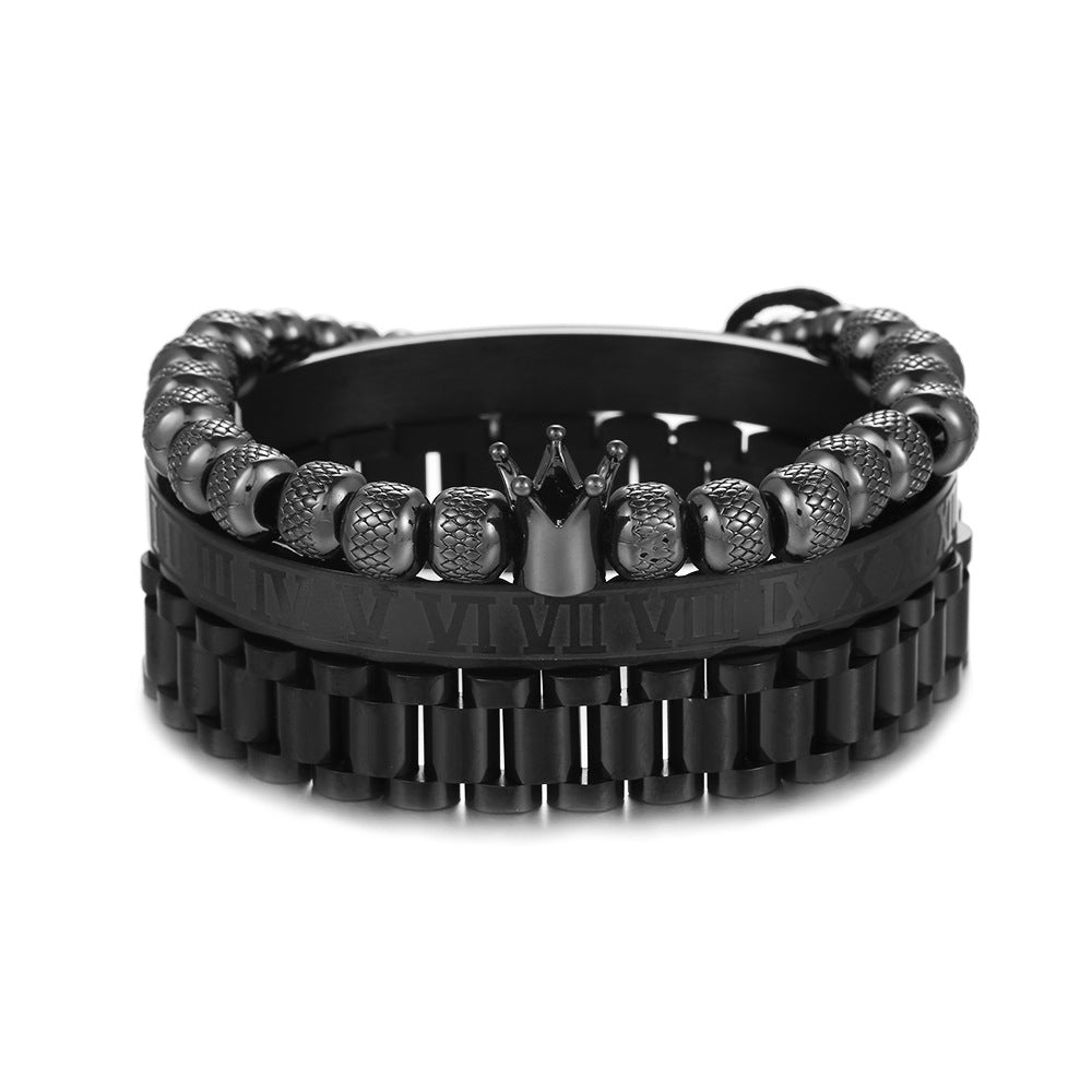 European and American zircon crown woven bracelet set, Roman letter stainless steel strap chain men's bracelet three-piece set