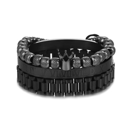 European and American zircon crown woven bracelet set, Roman letter stainless steel strap chain men's bracelet three-piece set