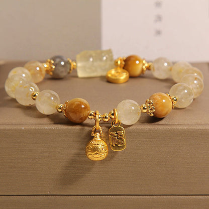 Golden Rutilated Quartz & Tiger Eye Crystal Bracelet | Wealth Pixiu Charm