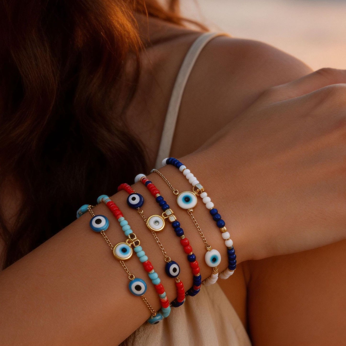European and American niche trendy jewelry eye sky beaded bracelet light luxury niche multi-layer stacked rice bead bracelet