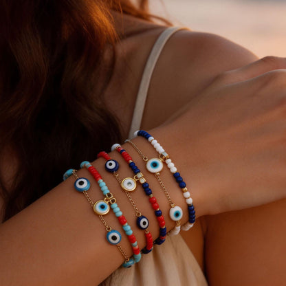 European and American niche trendy jewelry eye sky beaded bracelet light luxury niche multi-layer stacked rice bead bracelet