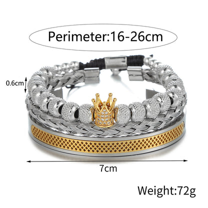Cross-border new copper-inlaid zircon crown woven bracelet combination stainless steel grid opening titanium steel bracelet set men