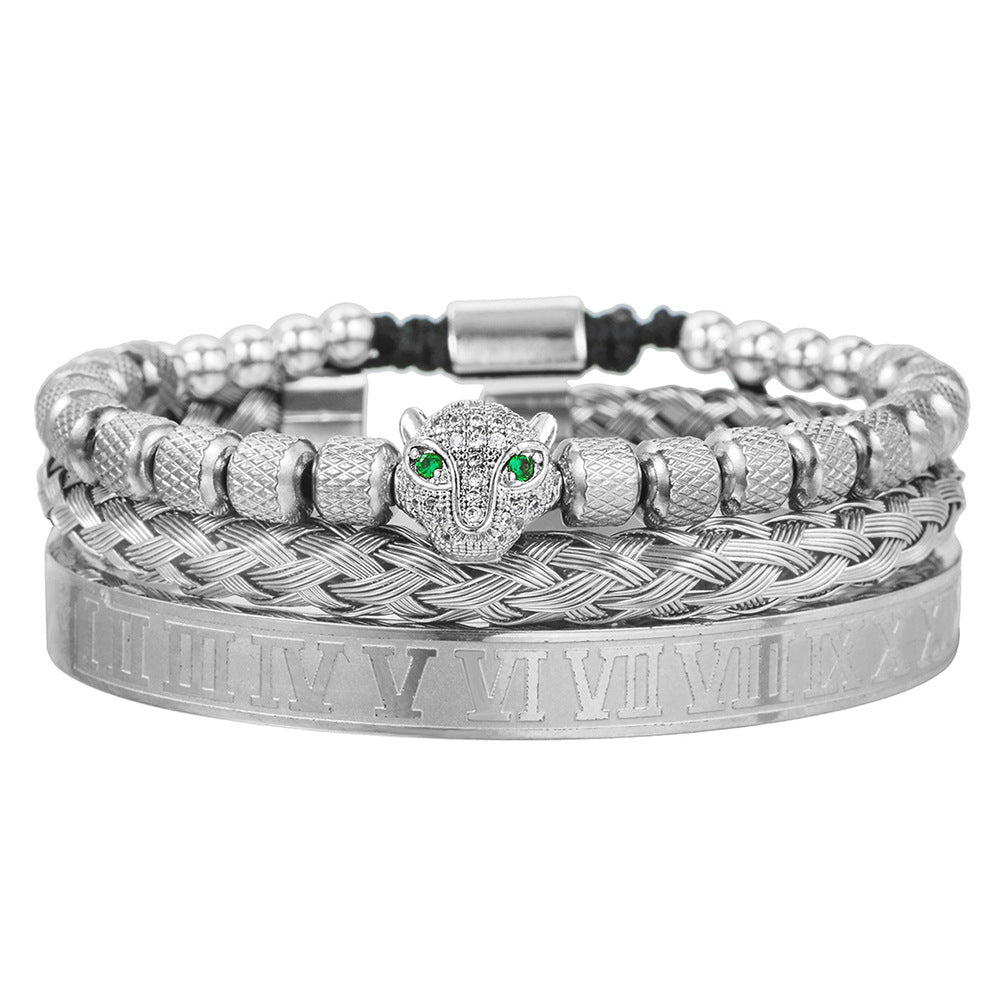 European and American retro versatile zircon leopard head woven bracelet Roman letter woven stainless steel mesh bracelet set