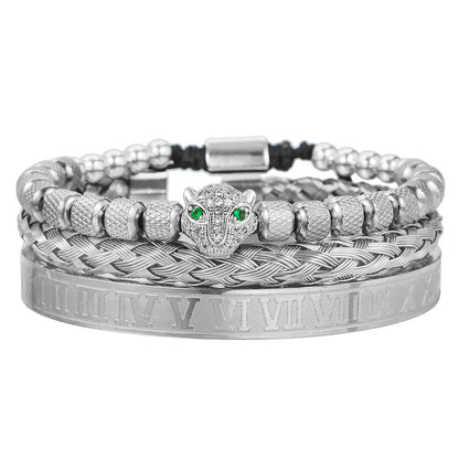 European and American retro versatile zircon leopard head woven bracelet Roman letter woven stainless steel mesh bracelet set