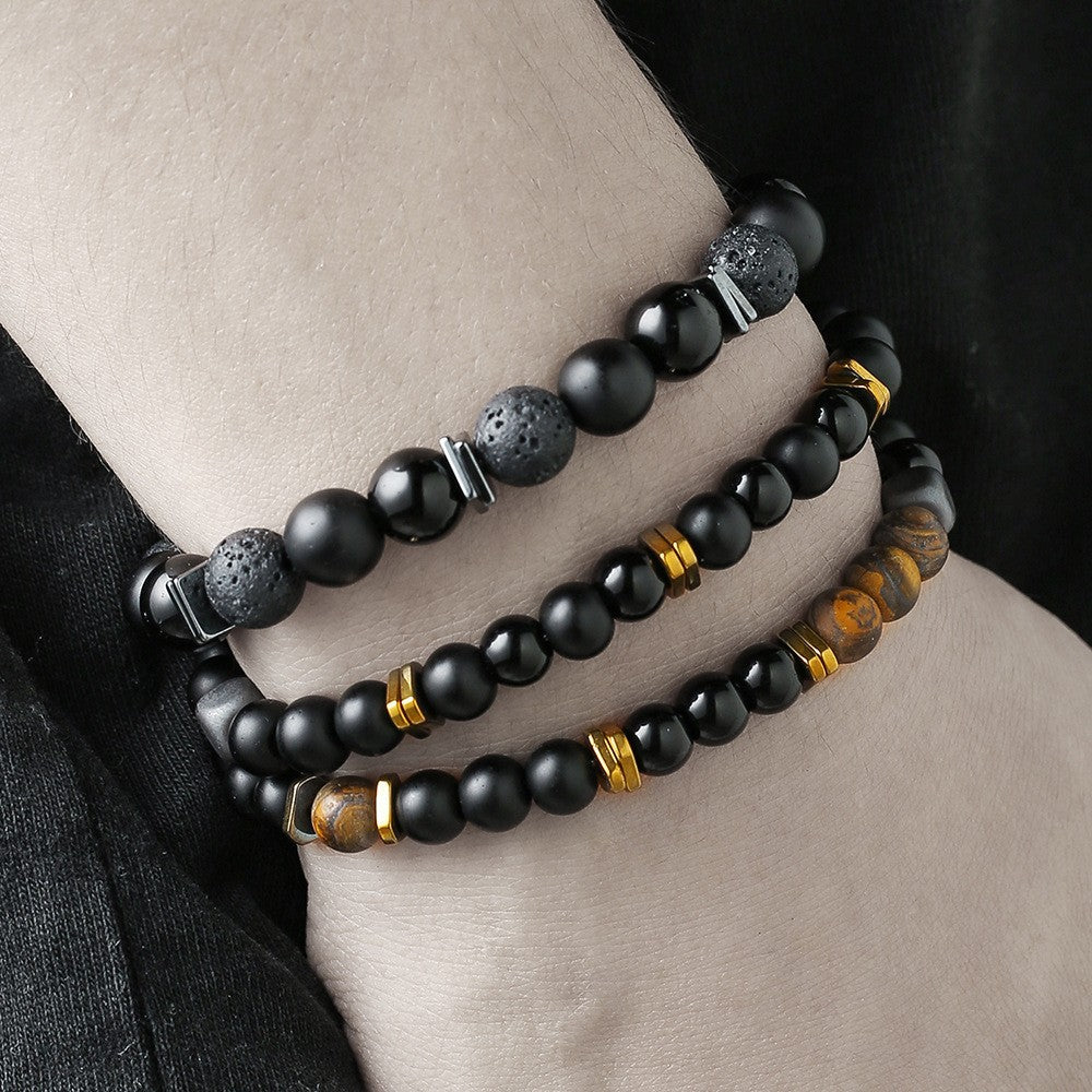 Yanxuan AliExpress Cross-border New Personalized Hip-Hop Style Black Frosted Stone Beaded Bracelet Set Men's Fashion Bracelet