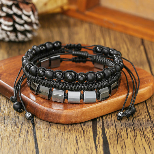 Cross-border hot-selling square black gallstone bracelet men's multi-strip stacking wear mix and match woven bracelet fashion beaded with jewelry men