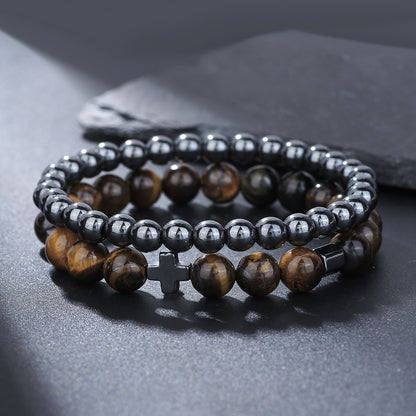 Give boyfriend gifts, fashionable and simple blue dots, blue tiger eyes, beaded elastic bracelet set, multi-layer stacked zircon bracelet.
