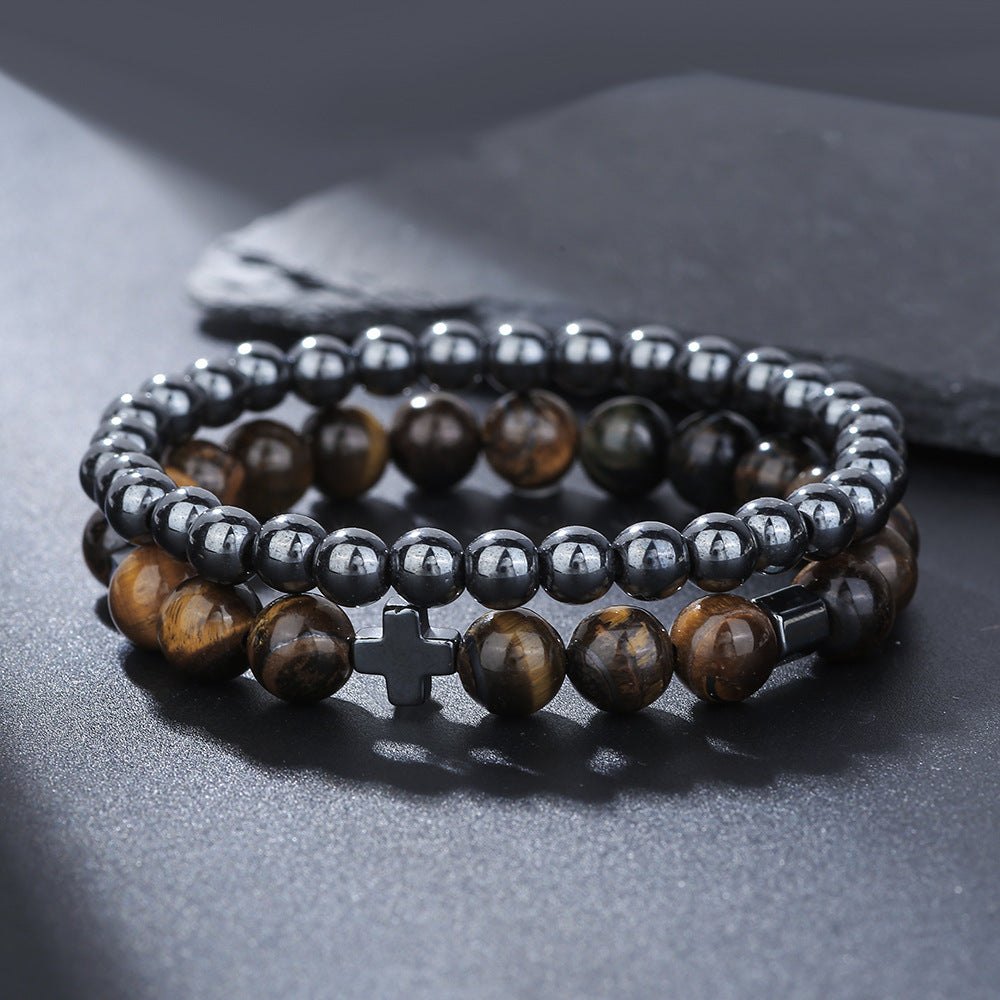 Cross-border hot-selling stone bracelet black gallstone cross flying saucer retro bracelet map stone elastic bracelet combination male