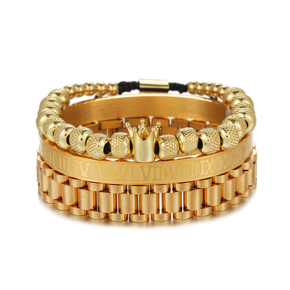 European and American zircon crown woven bracelet set, Roman letter stainless steel strap chain men's bracelet three-piece set